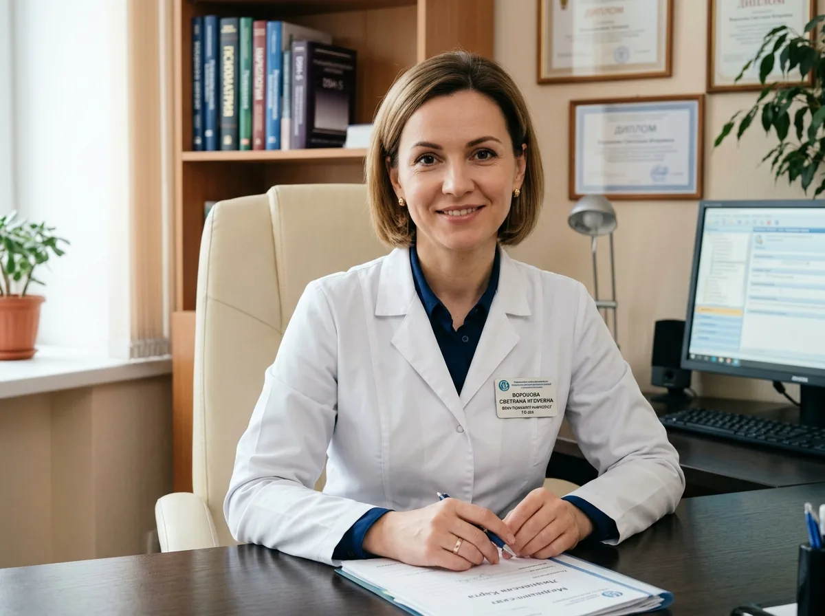 Воронова Светлана Игоревна, врач психиатр-нарколог, женщина 40 лет, белый медицинский халат, профессиональный портрет